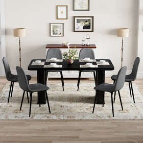 Table and chair set.64.5 x 35.4 inch Stylish Black Wood Color Textured Dining Table.Paired with 6 Dark Gray Linen-Cotton Material High Resilience Dining Chair with Metal Leg.