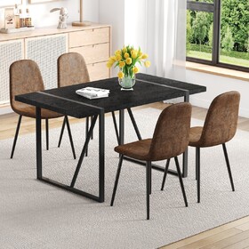 Table and Chair Set. a 55-inch minimalist retro rectangular dining table with a black textured top.Paired with 4 Comfortable Technology-Fabric Brown Chairs with Black Metal Legs.
