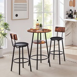 Round Bar Stool Set with Shelf, Upholstered Stool with Backrest Rustic Brown, 23.62