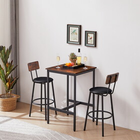 Bar Table Set with 2 Bar Stools PU Soft Seat with Backrest, Rustic Brown, 23.62"W x 23.62"D x 35.43"H