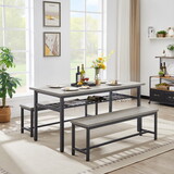 Oversized dining table set for 6, 3-Piece Kitchen Table with 2 Benches, Dining Room Table Set for Home Kitchen, Restaurant, Rustic Grey, 67