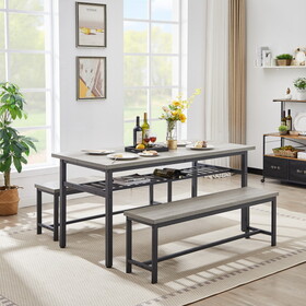 Oversized dining table set for 6, 3-Piece Kitchen Table with 2 Benches, Dining Room Table Set for Home Kitchen, Restaurant, Rustic Grey, 67" L x 31.5" W x 31.7" H.