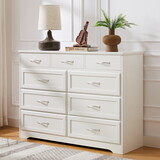 Bedroom dresser, 9 drawer long dresser with antique handles, wood chest of drawers for kids room, living room, entry and hallway, White, 47.56