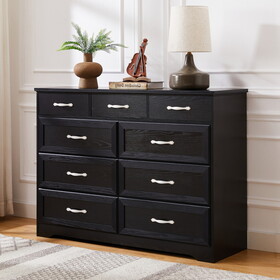 Bedroom dresser, 9 drawer long dresser with antique handles, wood chest of drawers for kids room, living room, entry and hallway, Black, 47.56"W x 15.75"D x 34.45"H. W1162141860