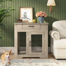 Furniture Style Dog Crate End Table with Drawer, Pet Kennels with Double Doors, Dog House Indoor Use, Weathered Grey W116240714