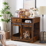 Sliding door dog crate with drawers. Rustic Brown, 35.43