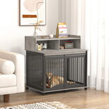 Furniture type dog cage iron frame door with cabinet, top can be opened and closed. Grey, 43.7