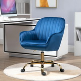 360° Dark Blue Velvet Swivel Chair with High Back, Adjustable Working Chair with Golden Color Base