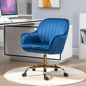 360&#176; Dark Blue Velvet Swivel Chair with High Back, Adjustable Working Chair with Golden Color Base