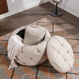 Large Button Tufted Woven Round Storage Ottoman for Living Room & Bedroom, 17.7