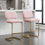 Mid-Century Counter Height Bar Stools for Kitchen Set of 2, Armless Bar Chairs with Gold Metal Chrome Base for Dining Room, Upholstered Boucle Fabric Counter Stools, Pink