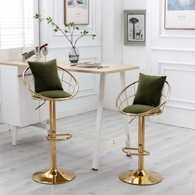 Olive Green Velvet Bar Chair, Pure Gold Plated, Unique Design, 360 Degree Rotation, Adjustable Height, Suitable for Dinning Room and Bar, Set of 2