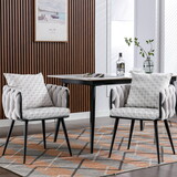 Beige Velvet Dining Chairs Set of 2 Hand Weaving Accent Chairs Living Room Chairs Upholstered Side Chair with Black Metal Legs for Dining Room Kitchen Vanity Living Room