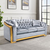Velvet Luxury Chesterfield Sofa Set, 84 inches Tufted 3 Seat Couch with Gold Stainless for Living Room, Grey Fabric