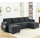 Sectional Modular Sofa Couch, 6 Storage Seat Convertible Sofa Bed Set for Living Room, Dark Gray Corduroy Velvet, Spring pack Cushions
