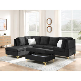 103" Velvet Sectional Sofa, L Shape Corner Couch with Storage Ottoman for Living Room, Black Fabric, Pocket Coil Spring in Seats, Chaise face Left