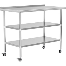 Stainless Steel Prep & Work Table w/2 Adjustable Shelves, Backsplash and Wheels, Kitchen Island, Commercial Workstations, Utility Table in Kitchen Garage Laundry Room Outdoor BBQ, 24" x 48"