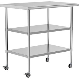 Stainless Steel Table with Wheel Caster 24 x 36 inches Metal Food Prep Work Table with 2 Adjustable Undershelves for Commercial Kitchen, Outdoor, Restaurant W1192P301449