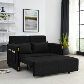 MH 54" Convertible Sofa Bed with 2 Detachable Arm Pockets, Velvet Loveseat Sofa with Pull Out Bed, 2 Pillows and Living Room Adjustable Backrest, Grid Design Armrests, Black W119353519