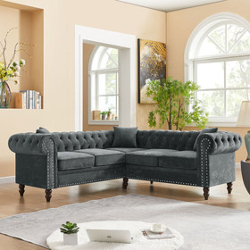 MH 80" Deep Button Tufted Upholstered Roll Arm Luxury Classic Chesterfield L-Shaped Sofa 3 Pillows Included, Solid Wood Gourd Legs, Grey Velvet W1193S00010