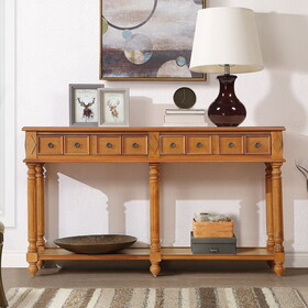Retro Console Table Entryway Table 58" Long Sofa Table with 2 Drawers in Same Size and Bottom Shelf for Storage (Brown)
