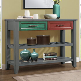Console Sofa Table with 2 Storage Drawers and 2 Tiers Shelves, Mid-Century Style 42" Solid Wood Buffet Sideboard for Living Room Furniture Kitchen Dining Room Entryway Hallway, Antique Grey + Drawer