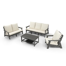 4-Piece Conversation Patio Set, HIPS Weather Resistance Outdoor Sofa and Coffee Table,Grey/Beige