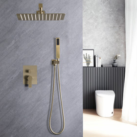 10inch Brushed Gold Brass Rainfall Shower System, Luxuly Bathroom Shower Faucet Combo Set W121750581