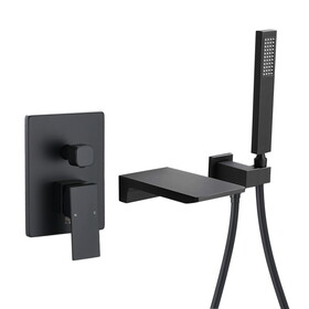 Matte Black Waterfall Wall Mounted Tub Faucet with Hand Shower W121784514
