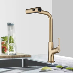 Brushed Gold Kitchen waterfall faucet with pull down sprayer, single handle kitchen sink faucet with pull out sprayer, 360&#176; rotating kitchen faucet W1217P146510