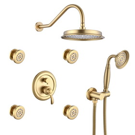 Single-Handle 4-Spray Patterns Bathroom Rain Shower Faucet with Body Jet Handshower in Brushed Gold (Valve Included)
