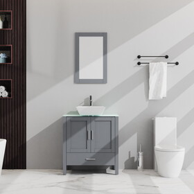 Goodyo 30" Bathroom Vanity and Sink Combo Glass Top Cabinet w/Mirror, Gray W1223S00006
