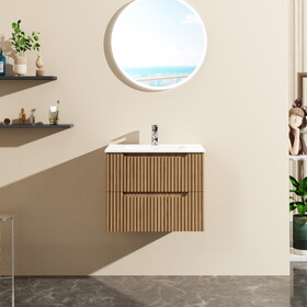 Goodyo 24" Wall-Mount Bathroom Vanity Cabinet with White Basin Sink Combo Floating, Walnut W1223S00012