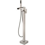 Bathroom Freestanding Waterfall Tub Filler Brushed Nickel Floor Mount Faucet with Hand Shower W122453934