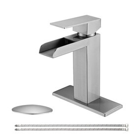 Waterfall Bathroom Faucet Brushed Nickel Single Handle Bathroom Sink Faucets 1 or 3 Hole Solid Vanity Faucet with Deck Plate & Overflow Pop Up Drain Brushed Nickel