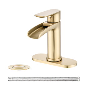 Waterfall Bathroom Faucet Single Handle Bathroom Sink Faucets 1 or 3 Hole Solid Vanity Faucet with Deck Plate & Overflow Pop Up Drain Brushed Nickel