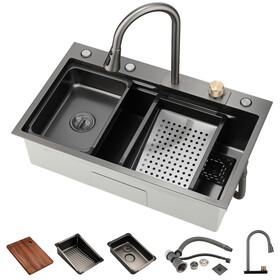Kitchen Sink Flying rain Waterfall Kitchen Sink Set 30"x 18" 304 Stainless Steel Sink with Pull Down Faucet, and Accessories W1225102373
