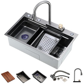 Kitchen Sink Flying rain Waterfall Kitchen Sink Set 30"x 18" 304 Stainless Steel Sink with Pull Down Faucet, and Accessories W1225102390