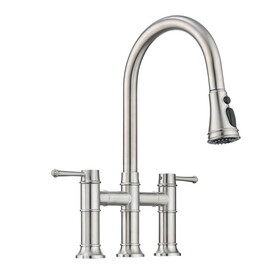 Double Handle Bridge Kitchen Faucet with Pull-Down Spray Head W122581051