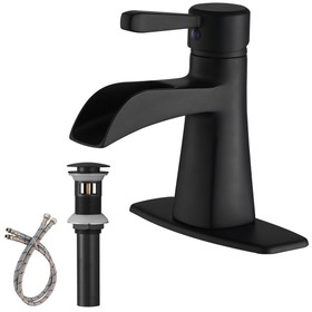 Waterfall Single Hole Single-Handle Low-Arc Bathroom Sink Faucet with Pop-Up Drain assembly in Matte Black W123247266