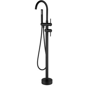 Double-Handle Freestanding Floor Mount Roman Tub Faucet Bathtub Filler with Hand Shower in Matte Black W123247729