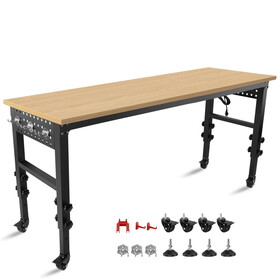 72" X24" Adjustable Workbench, Rolling Heavy-Duty Worktable with Power Outlet and Wheels, Large Load Capacity Rubber Wood Top Workbench for Garage, Office, Workshop, Home, Easy assembly W1239P179962