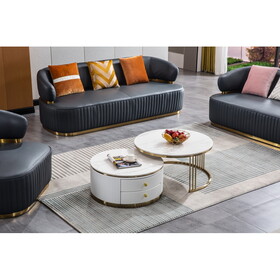 Modern Nesting MDF Coffee Table Set of 2, Round White End Table, Sintered Stone Appearance with Gold Finish Metal Base W1241119284
