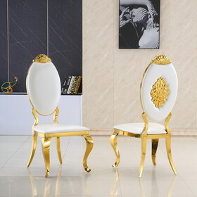Leatherette Dining Chair Set of 2, Oval Back Carving Design with Stainless Steel Legs