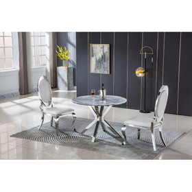 Round Marble Table for Dining Room/Kitchen, 1.02" Thick Marble Top, Chrome Plated Stainless Steel Base, Size:47"Lx47"Dx30"H(Not Including Chairs)