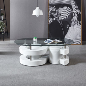 3 Pieces Coffee Table Set, Oval 10mm/0.39" Thick Tempered Glass Table and 2 Leather Stools W1241S00075