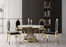 Luxurious Design Marble Round Dining Table with Gold Mirrored Finish Stainless Steel Base W1241S00116