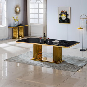 Rectangular Marble Dining Table, 0.71" Thick Marble Top, Double Pedestal Pillar Stainless Steel Base with Gold Mirrored Finish(Not Including Chairs)