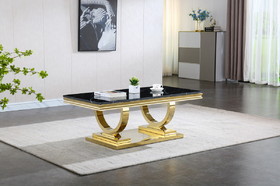 Rectangular Black Marble Coffee Table, 0.71" Thick Marble Top, U-Shape Stainless Steel Base with Gold Mirrored Finish