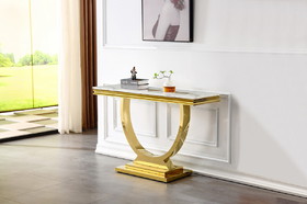 Rectangular White Marble Console Table, 0.71" Thick Marble Top, U-Shape Stainless Steel Base with Gold Mirrored Finish